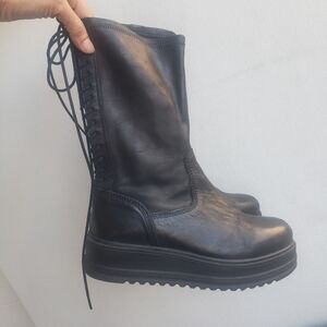 Free people Mid Calf boots lace Back zip platform black leather Size 6